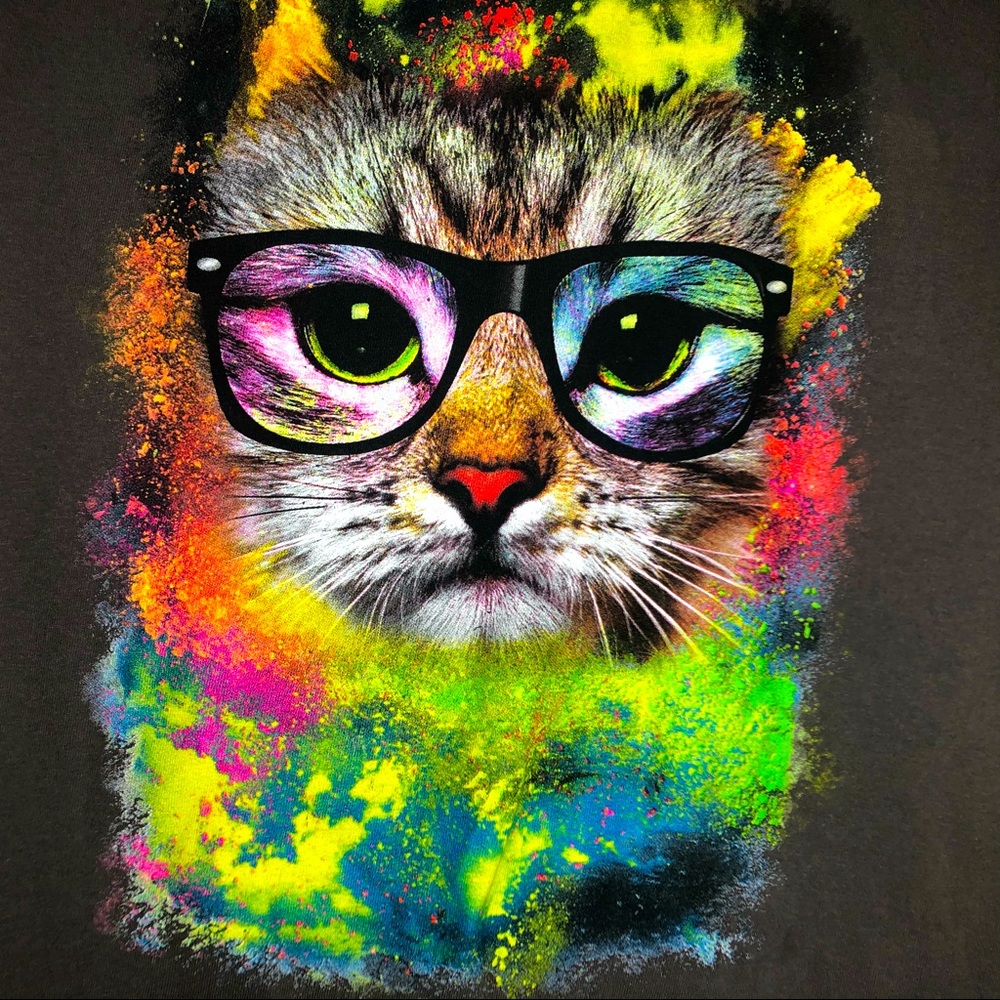 Rainbow CAT in dark rimmed glasses t-shirt